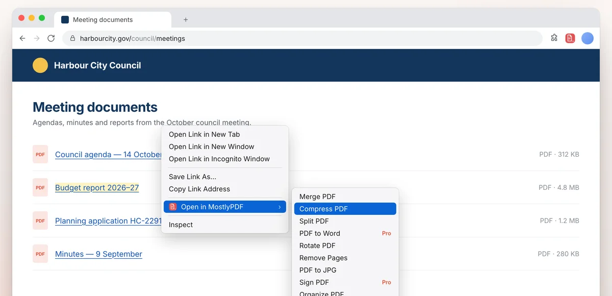 Right-click any PDF link and pick a tool